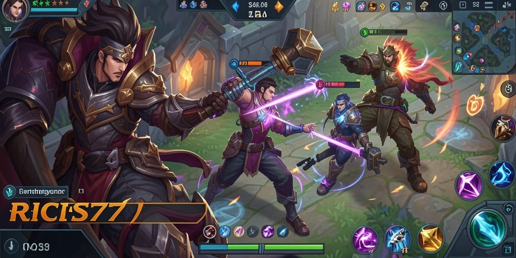Screenshot gameplay seru RICIS77 dengan aksi MOBA yang intens.